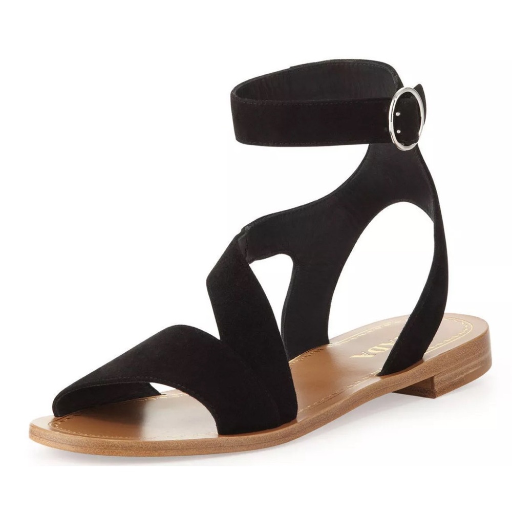 Prada black suede ankle wrap sandals asymmetrical strap flats sz 35.5  $595 New